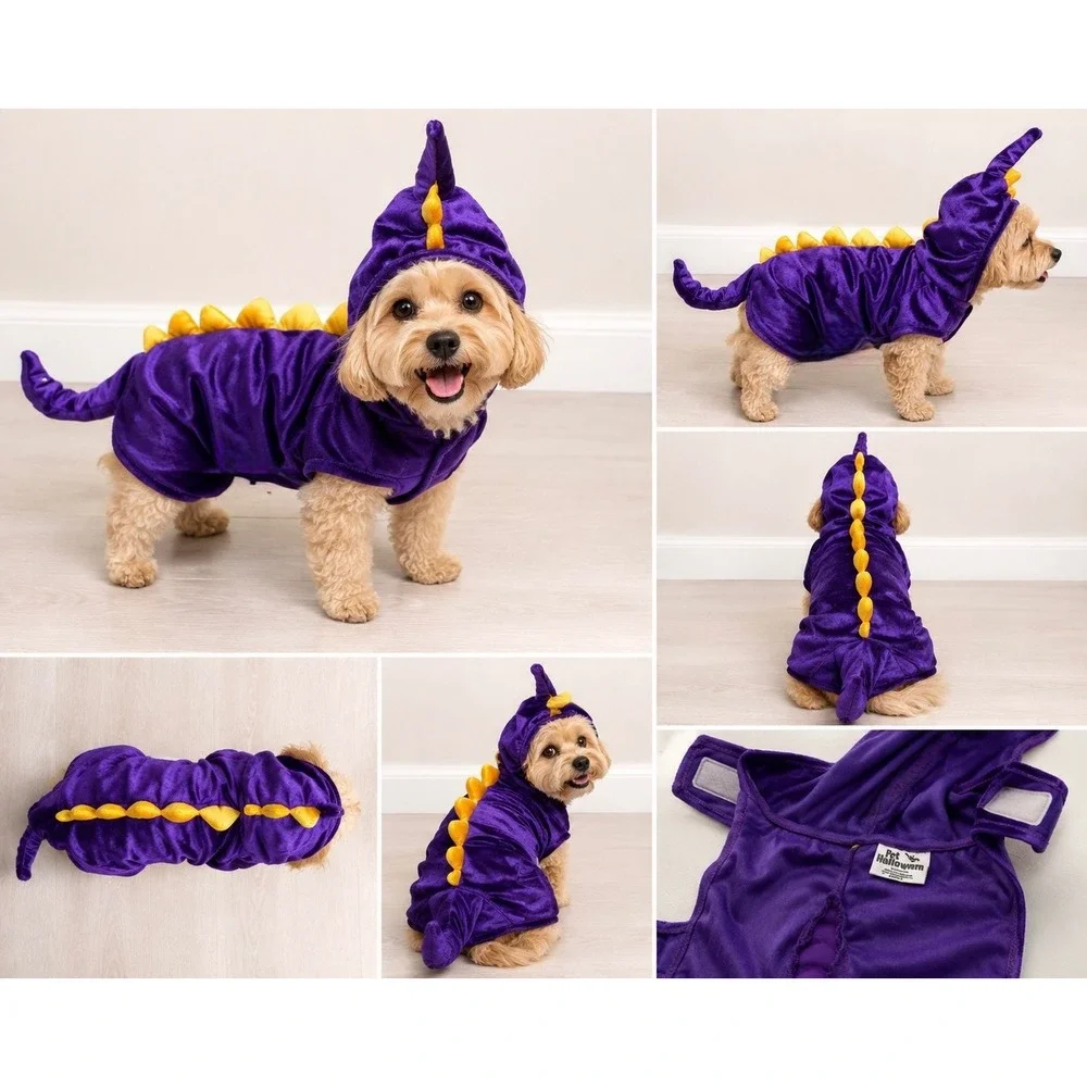 Pet Halloween Purple Dinosaur Costume Small Dog Cat Velvet Yellow Spikes Dragon